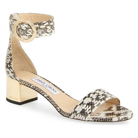 Jimmy Choo Jaimie Snakeprint Ankle Strap Gold Heel Sandals Cream/Black EU 37.5 - Picture 1 of 7